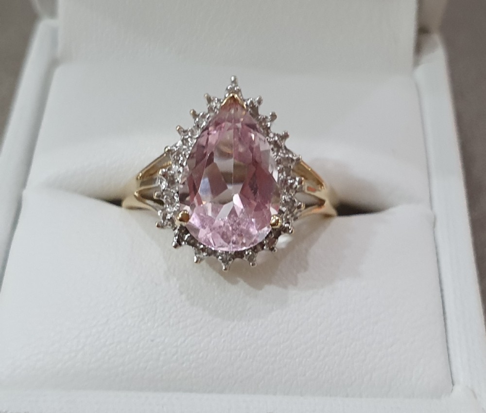 Morganite (3cts) Pear Cut with Diamond Halo 9ct Gold Ring - Size P½ View VII