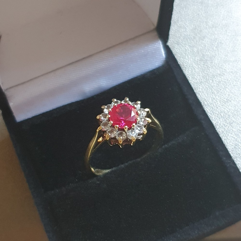 Vintage 1940-50s 1ct Ruby & 12 Diamond Halo on Sterling Mount & 9ct Gold Ring - Size O View II