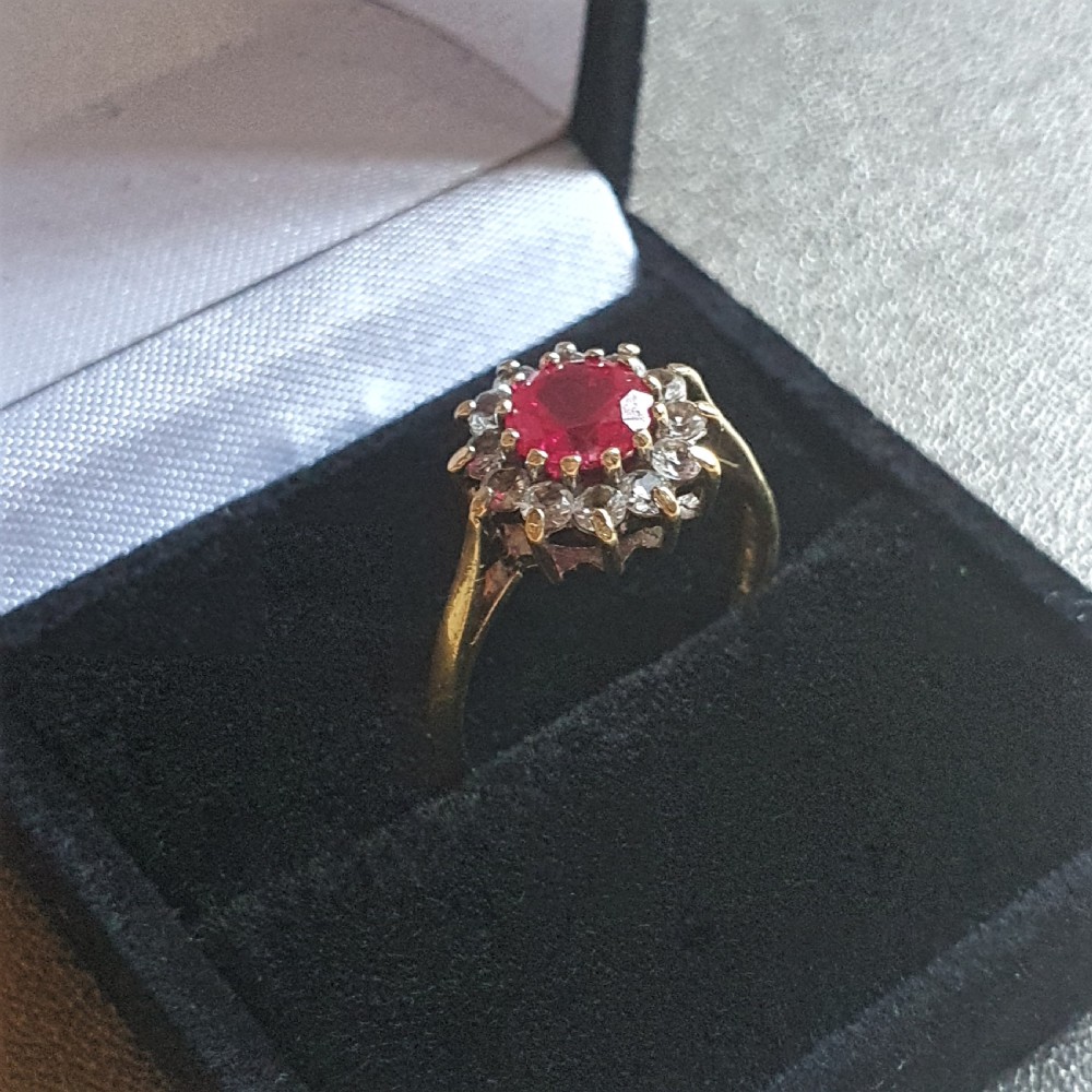 Vintage 1940-50s 1ct Ruby & 12 Diamond Halo on Sterling Mount & 9ct Gold Ring - Size O View IV