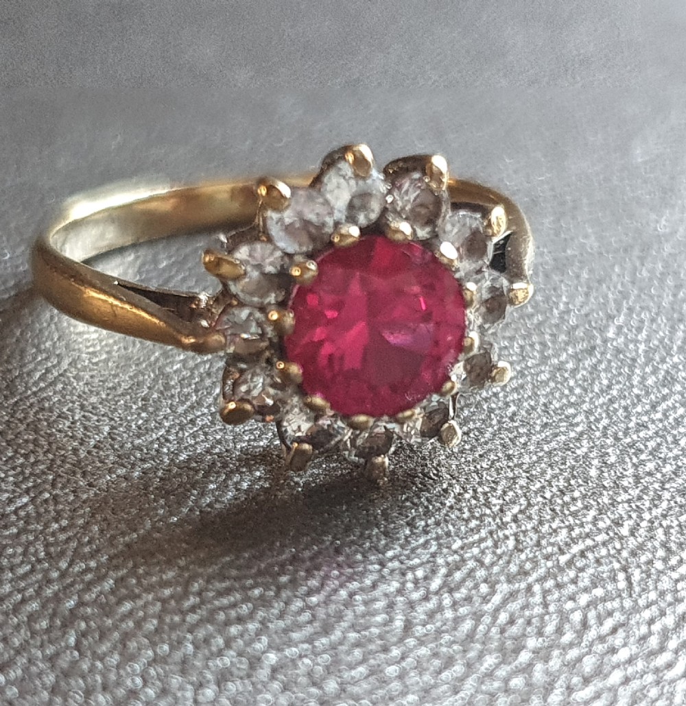 Vintage 1940-50s 1ct Ruby & 12 Diamond Halo on Sterling Mount & 9ct Gold Ring - Size O View VIII
