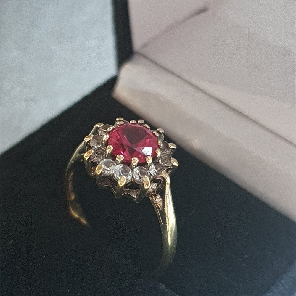 Vintage 1940-50s 1ct Ruby & 12 Diamond Halo on Sterling Mount & 9ct Gold Ring - Size O View XV