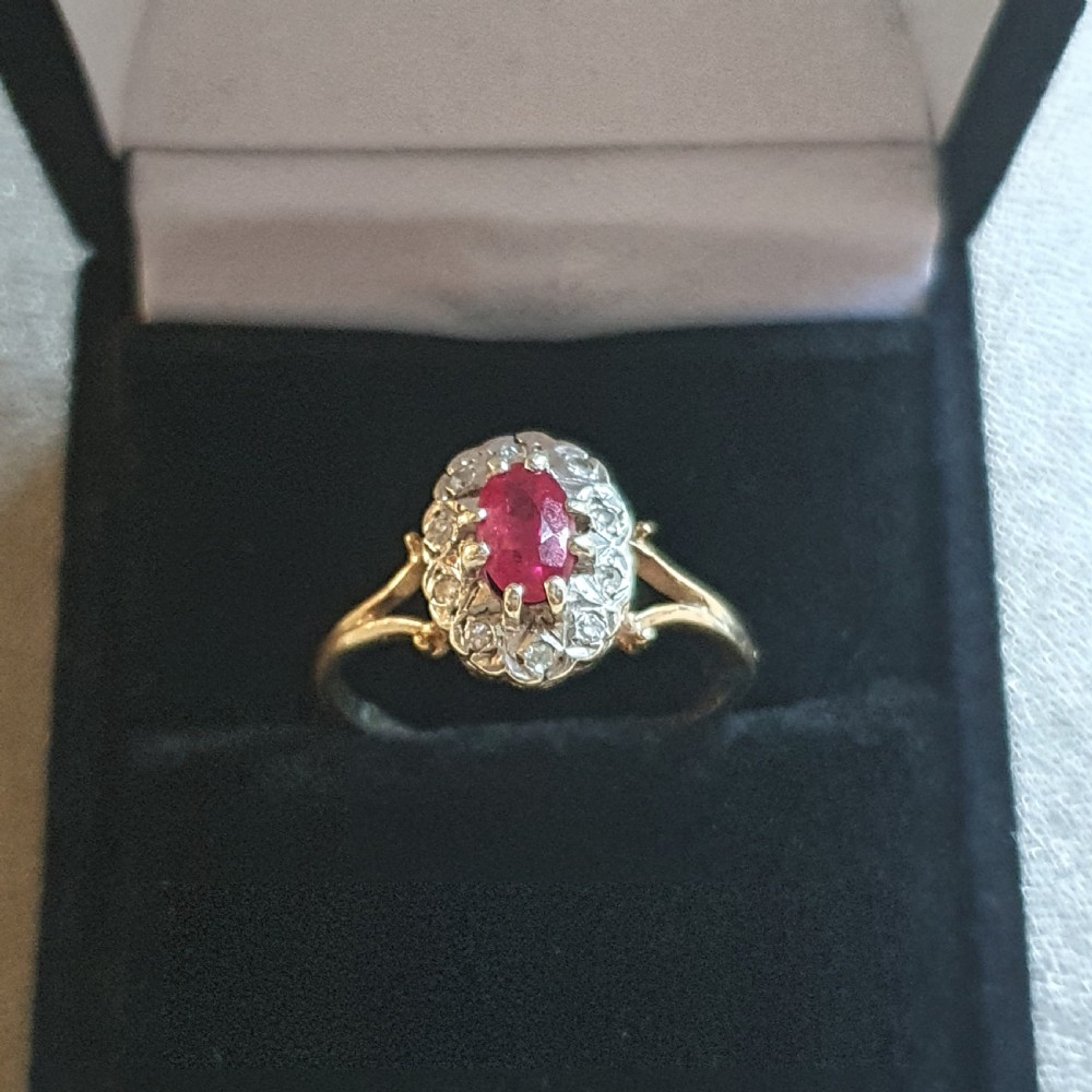 Oval Cut Ruby & Rose Cut Diamond Halo 9ct Gold c1950s Vintage Ring - Size R View II