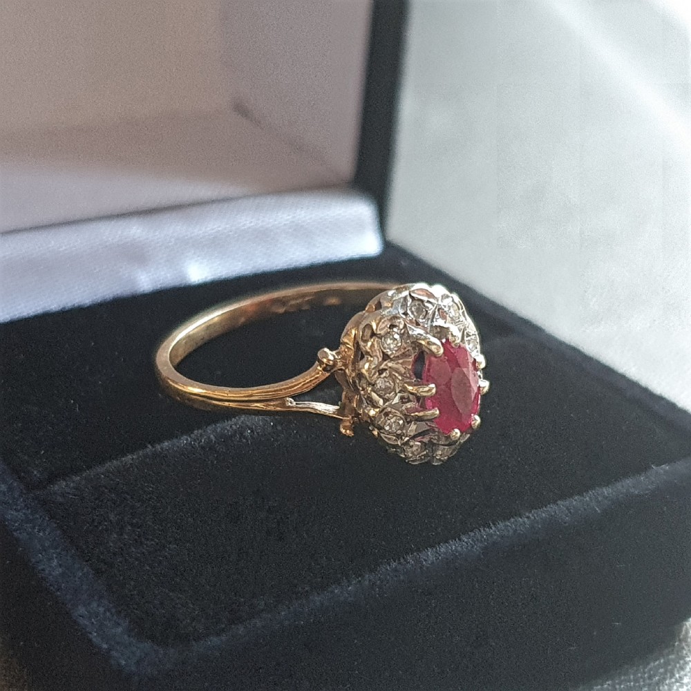 Oval Cut Ruby & Rose Cut Diamond Halo 9ct Gold c1950s Vintage Ring - Size R View III