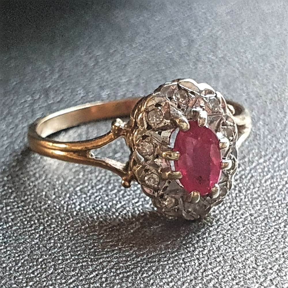 Oval Cut Ruby & Rose Cut Diamond Halo 9ct Gold c1950s Vintage Ring - Size R View IV