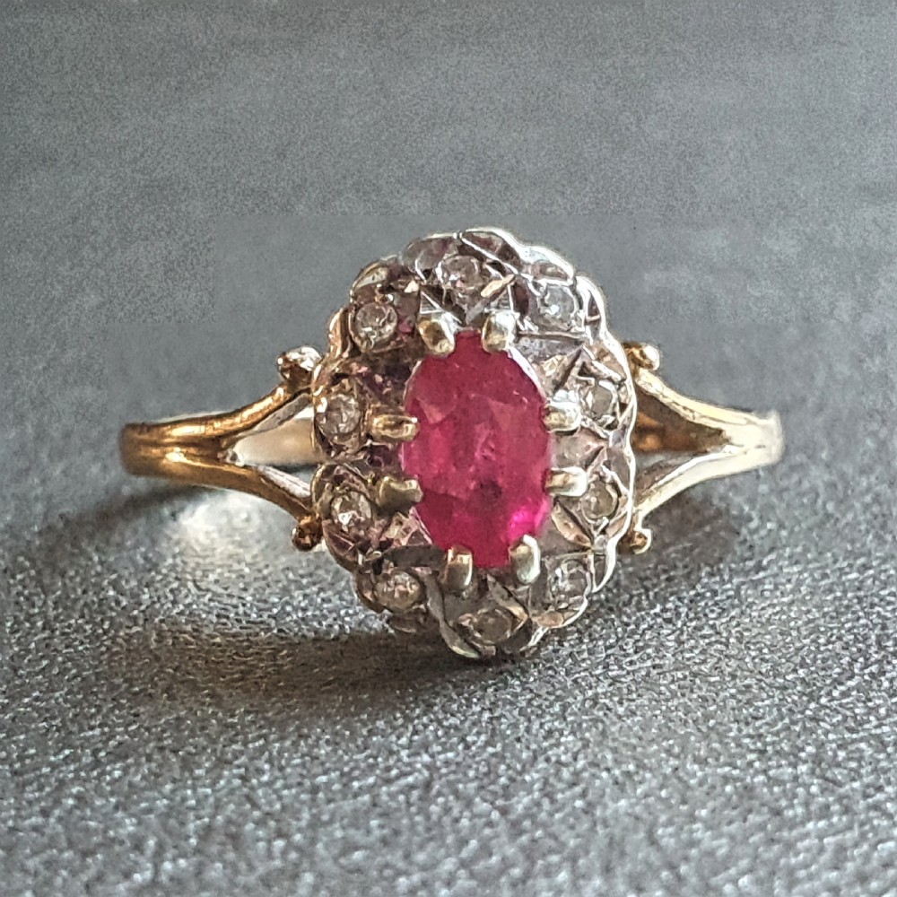 Oval Cut Ruby & Rose Cut Diamond Halo 9ct Gold c1950s Vintage Ring - Size R View V