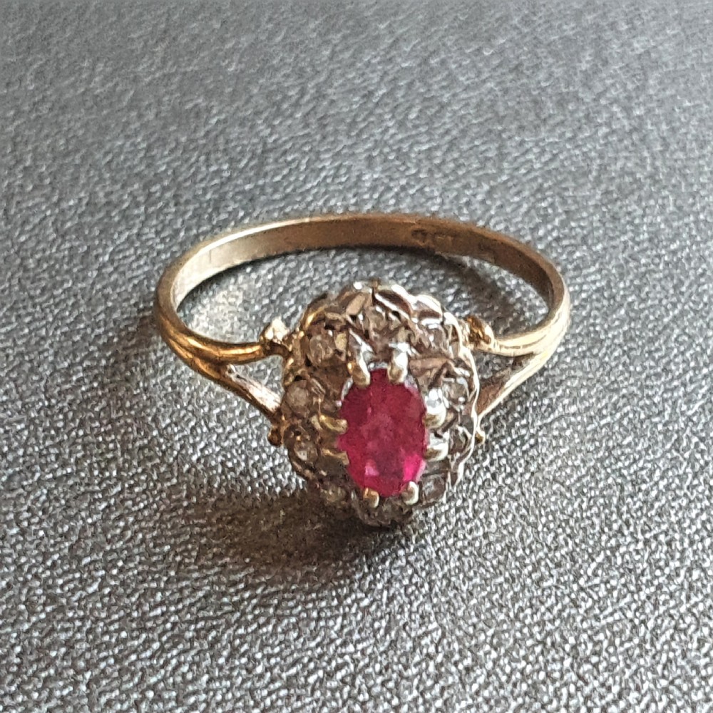 Oval Cut Ruby & Rose Cut Diamond Halo 9ct Gold c1950s Vintage Ring - Size R View VI