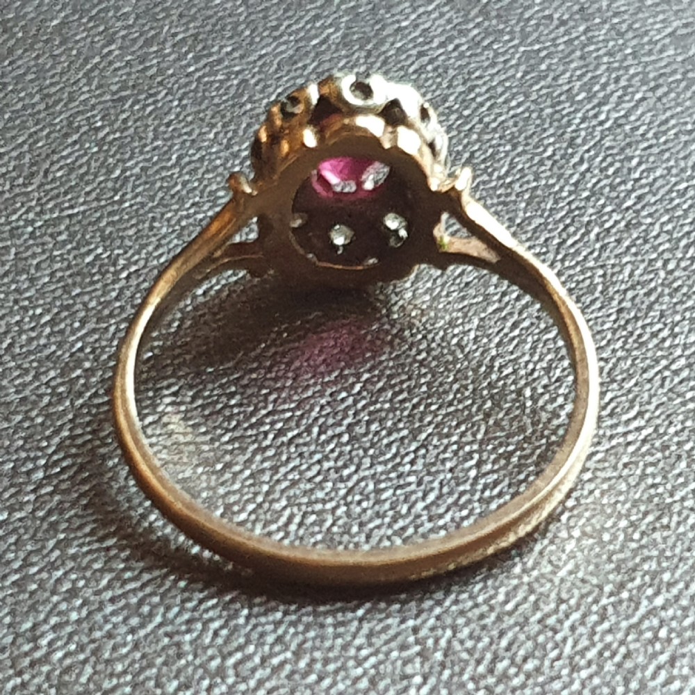 Oval Cut Ruby & Rose Cut Diamond Halo 9ct Gold c1950s Vintage Ring - Size R View VII