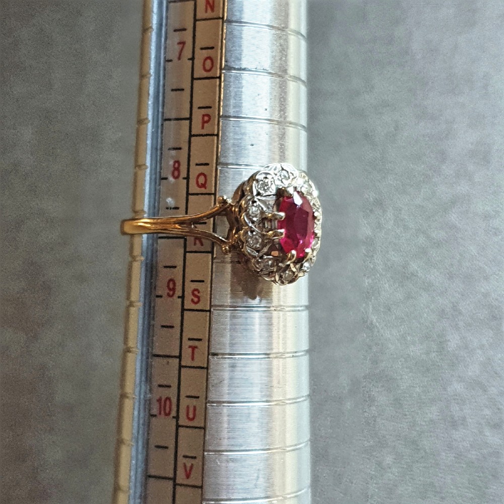 Oval Cut Ruby & Rose Cut Diamond Halo 9ct Gold c1950s Vintage Ring - Size R View X