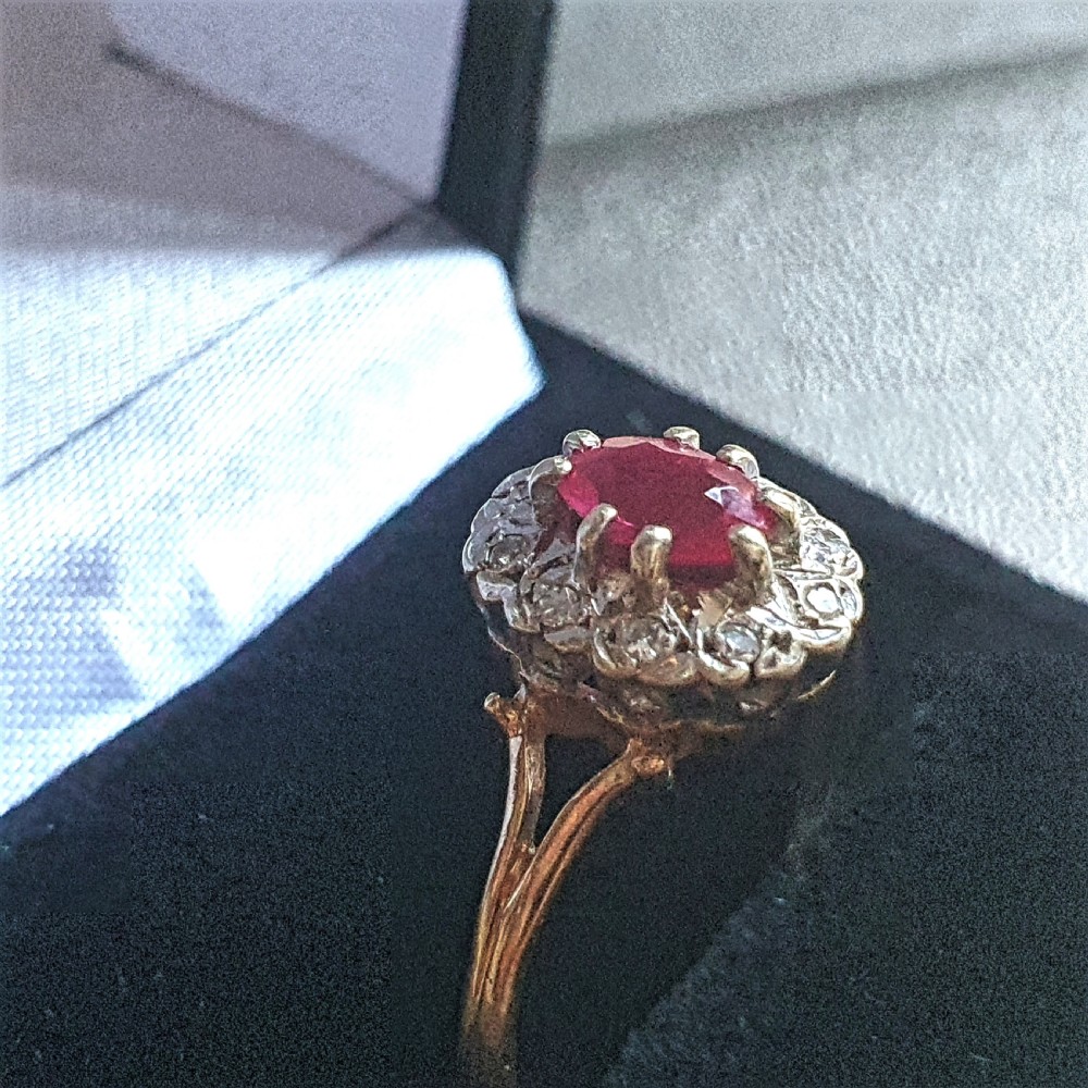 Oval Cut Ruby & Rose Cut Diamond Halo 9ct Gold c1950s Vintage Ring - Size R View XV