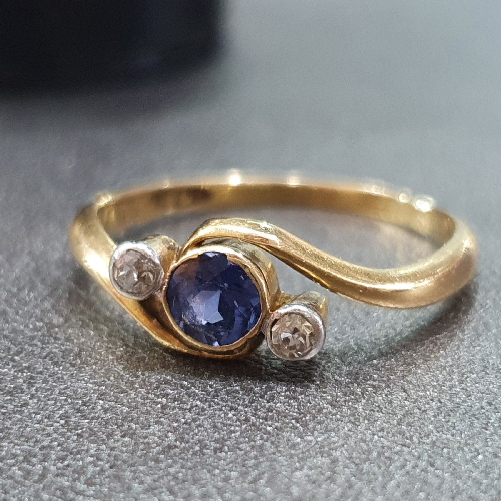 Art Deco Sapphire & Diamond Ring 18ct Gold Swirl Trilogy - Size L½ View VI