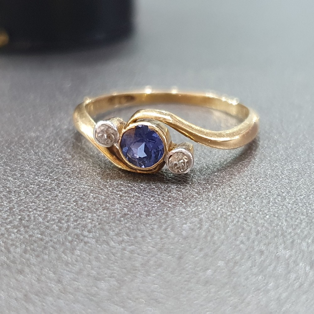Art Deco Sapphire & Diamond Ring 18ct Gold Swirl Trilogy - Size L½ View VII