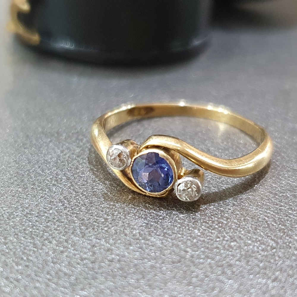 Art Deco Sapphire & Diamond Ring 18ct Gold Swirl Trilogy - Size L½ View VIII