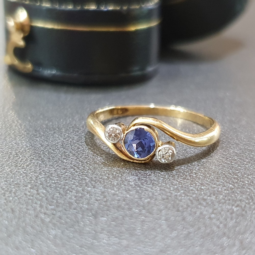 Art Deco Sapphire & Diamond Ring 18ct Gold Swirl Trilogy - Size L½ View IX
