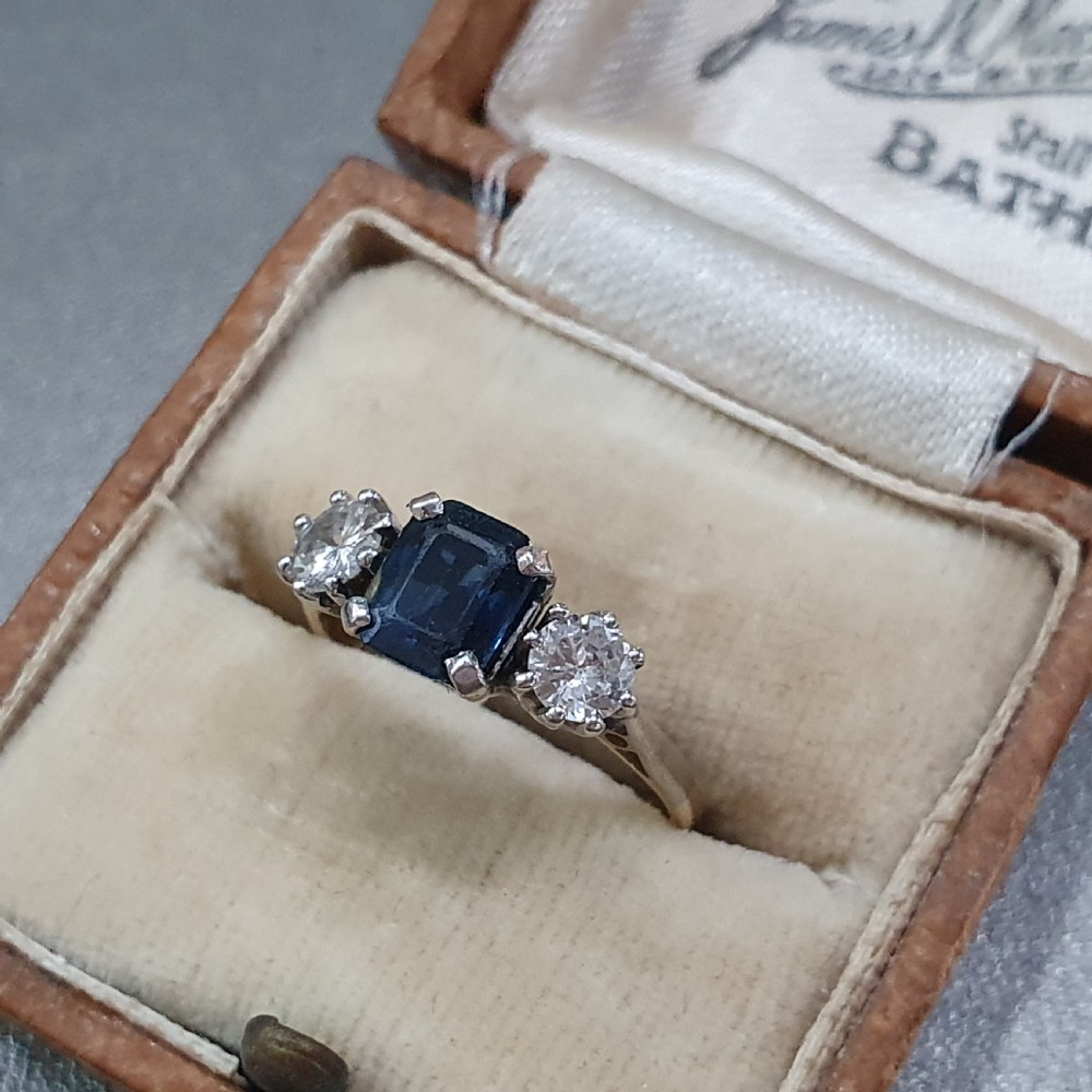 Art Deco Sapphire 1.2ct & Diamond 18ct Gold Ring Trilogy - Size L View III
