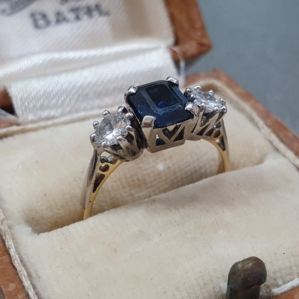 Art Deco Sapphire 1.2ct & Diamond 18ct Gold Ring Trilogy - Size L View VI