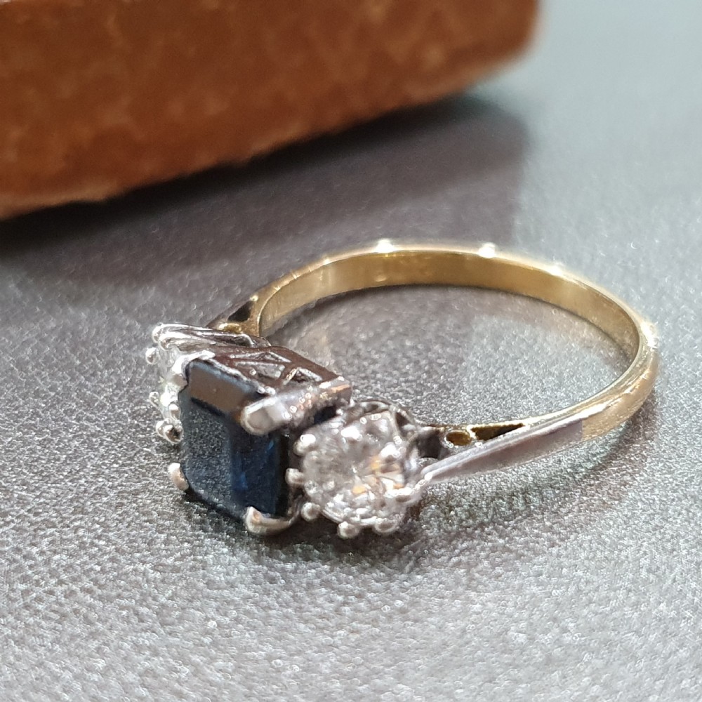 Art Deco Sapphire 1.2ct & Diamond 18ct Gold Ring Trilogy - Size L View VIII