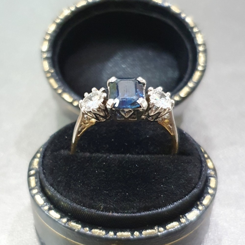 Art Deco Sapphire 1.2ct & Diamond 18ct Gold Ring Trilogy - Size L View XIV