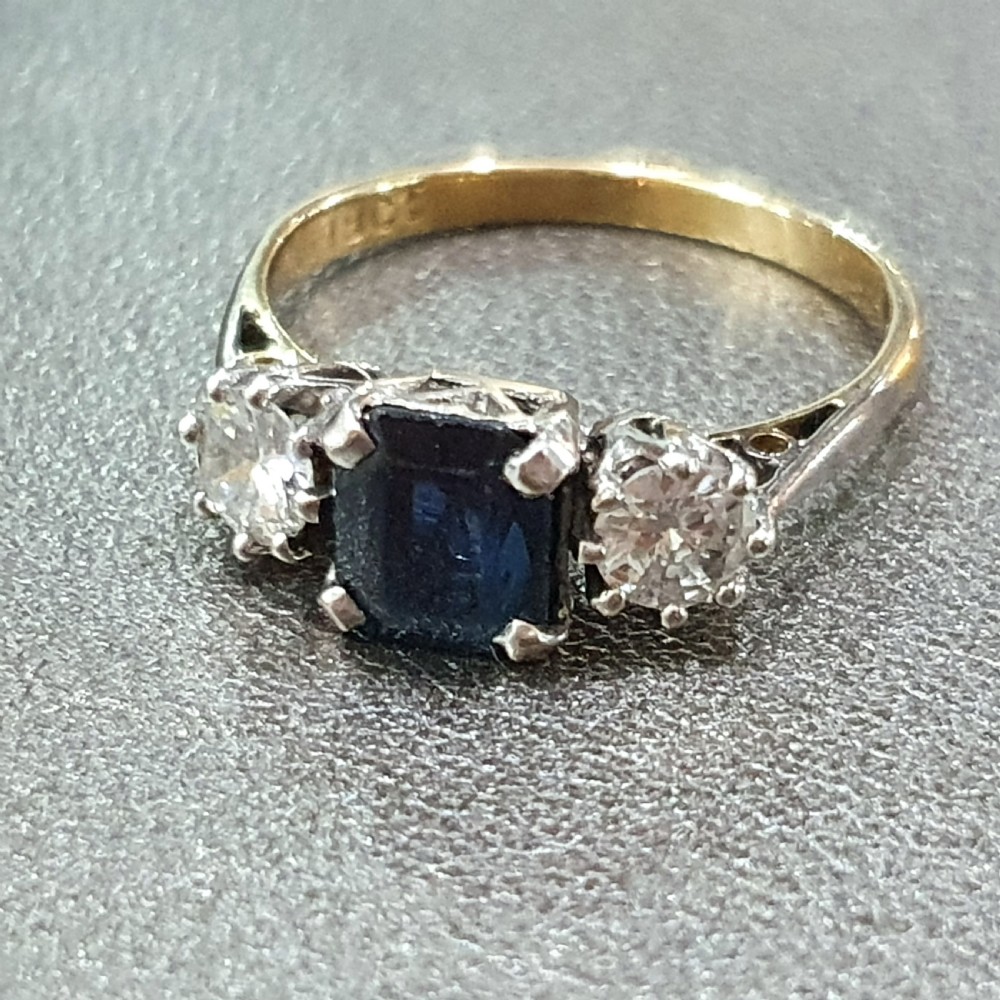 Art Deco Sapphire 1.2ct & Diamond 18ct Gold Ring Trilogy - Size L View XV