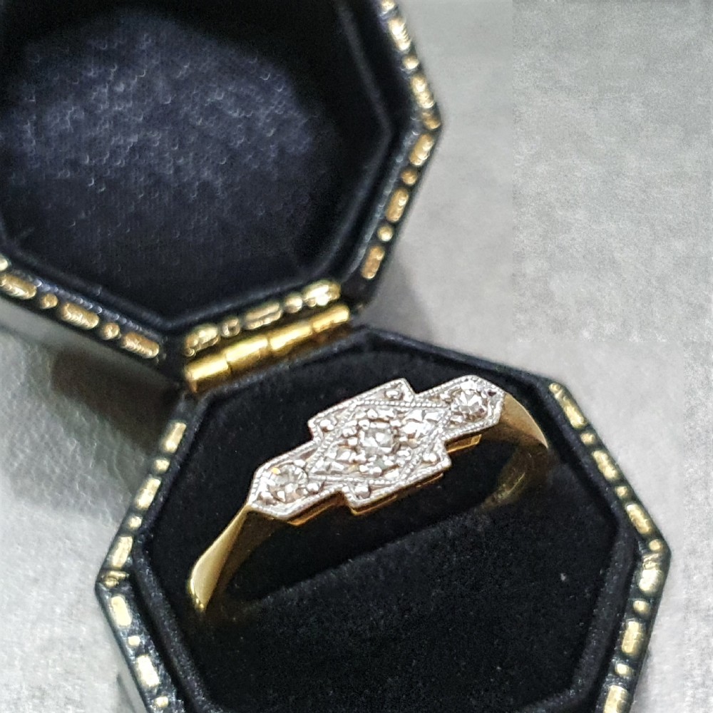 Art Deco Platinum set Diamond Geometric Trilogy 18ct Gold Ring - Size N½ View XIV
