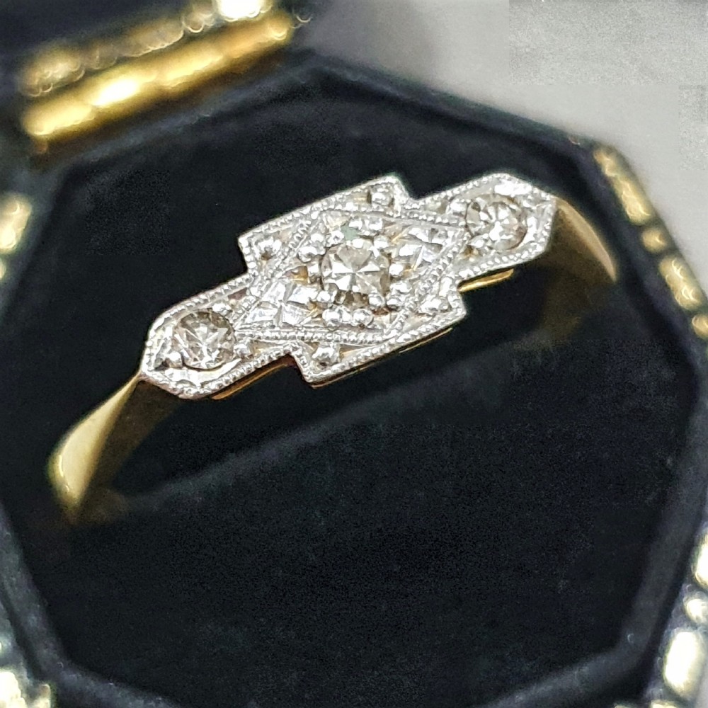 Art Deco Platinum set Diamond Geometric Trilogy 18ct Gold Ring - Size N½ View XV