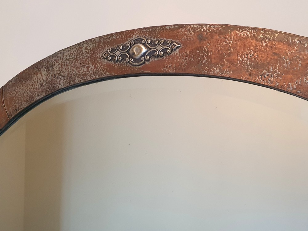 Arts & Crafts Silver over Bronze & Copper Studded Oval Wall Mirror with Original Wooden Backing View III