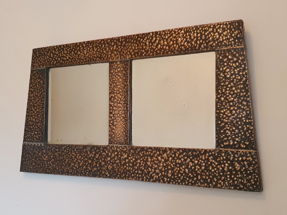 Arts & Crafts Rare Hammered Copper Double Bevelled Glass Wall Mirror - Original Chain & Ready to Hang View II