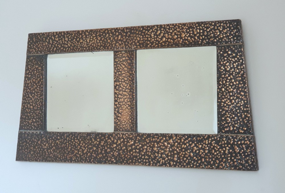 Arts & Crafts Rare Hammered Copper Double Bevelled Glass Wall Mirror - Original Chain & Ready to Hang View III