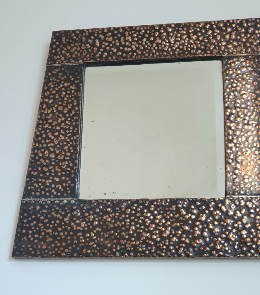 Arts & Crafts Rare Hammered Copper Double Bevelled Glass Wall Mirror - Original Chain & Ready to Hang View IV