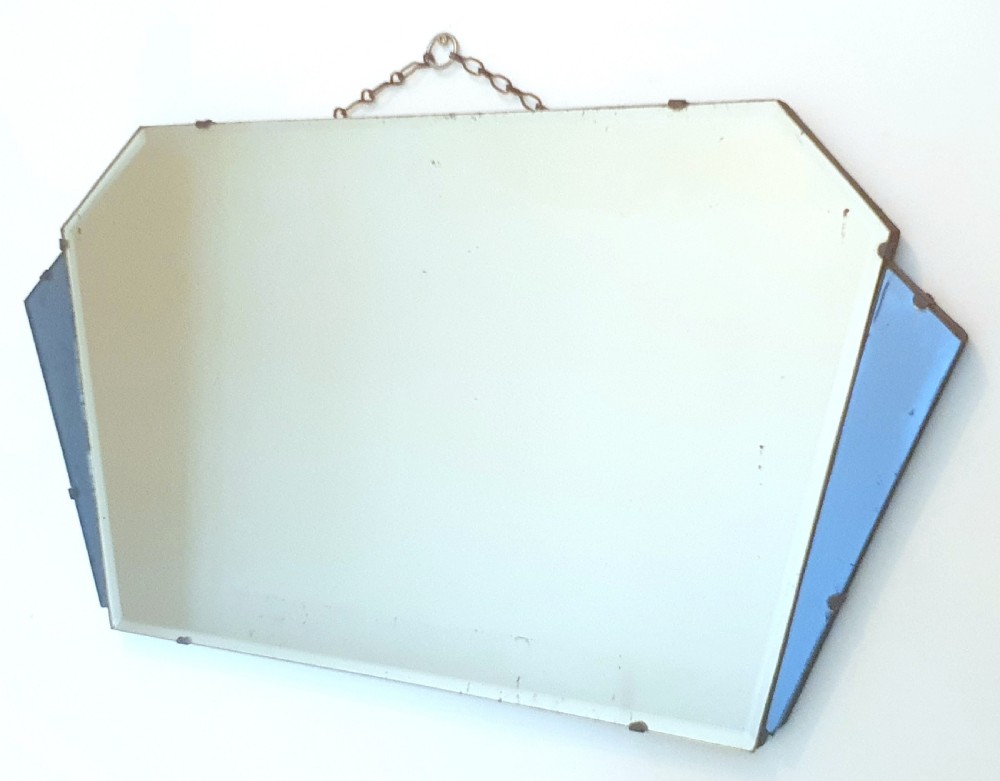 Art Deco Fan Mirror Blue Glass Panels & Original Wooden Backing & Hanging Chain c.1920s View VIII