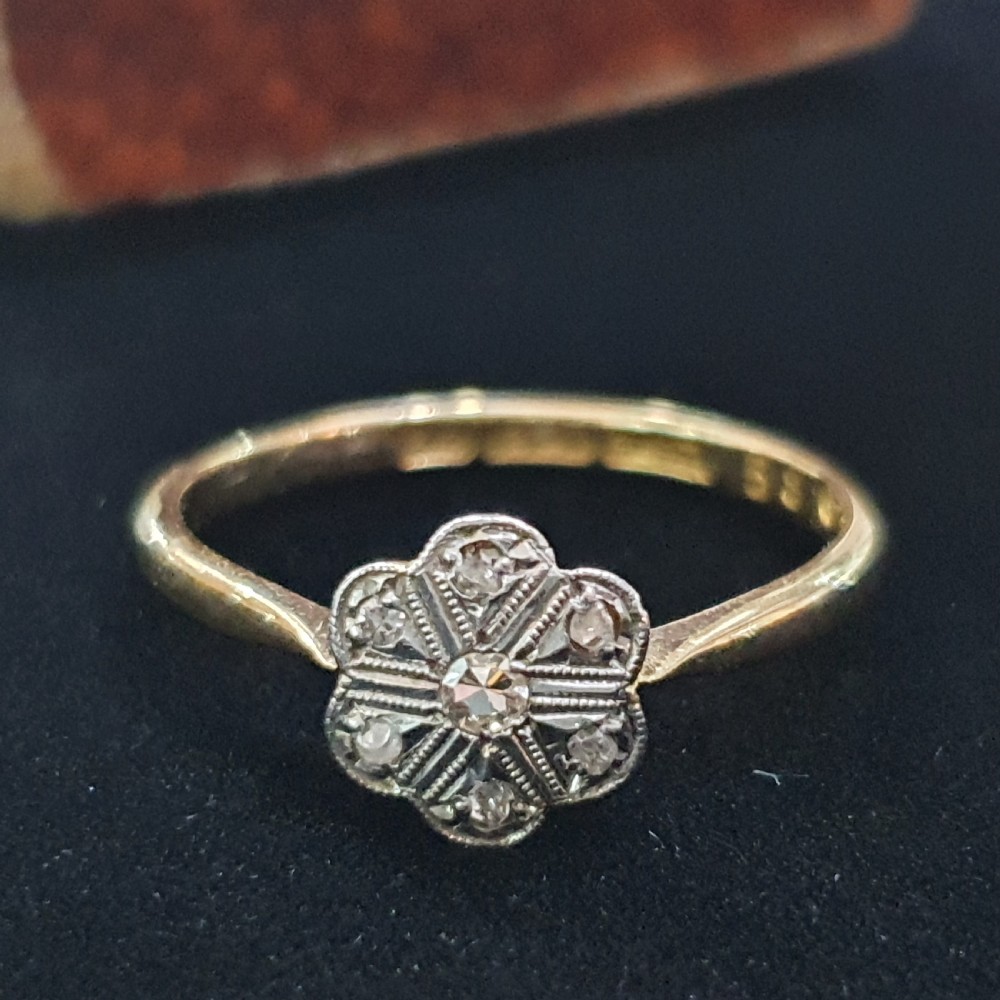 Art Deco Diamond Platinum & 18ct Geometric Daisy Ring 