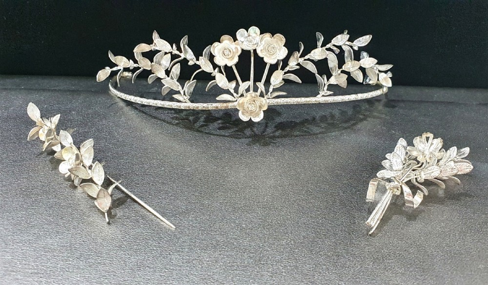 Edwardian Continental Silver Tiara & Groomsmen Pins Myrtle Bridal Set c.1910