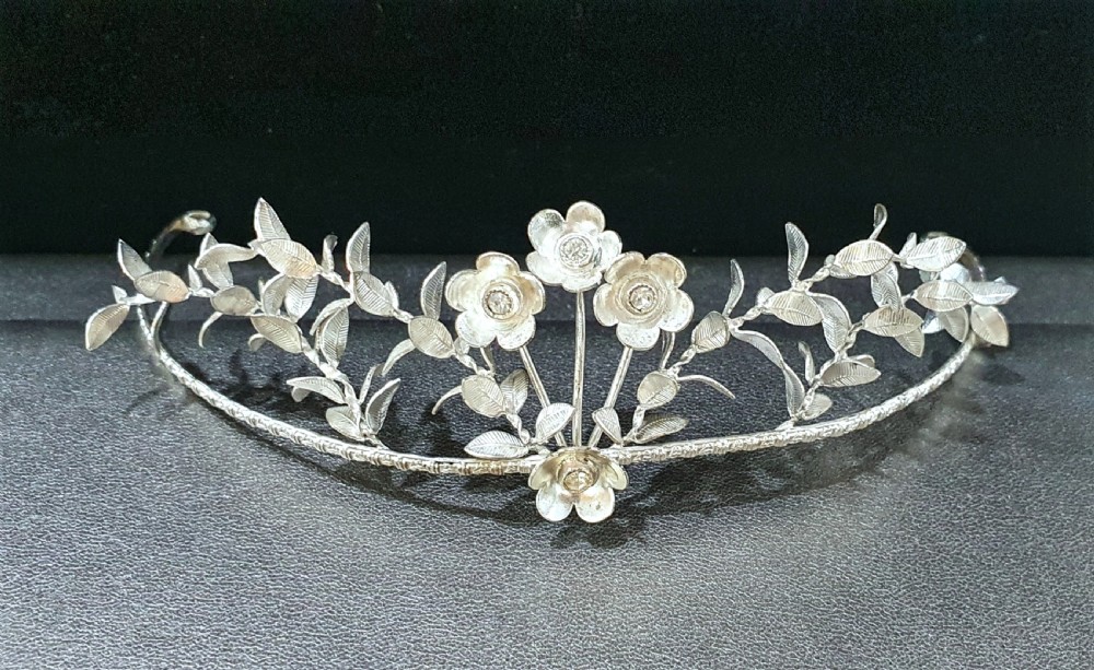 Edwardian Continental Silver Tiara & Groomsmen Pins Myrtle Bridal Set c.1910 View II