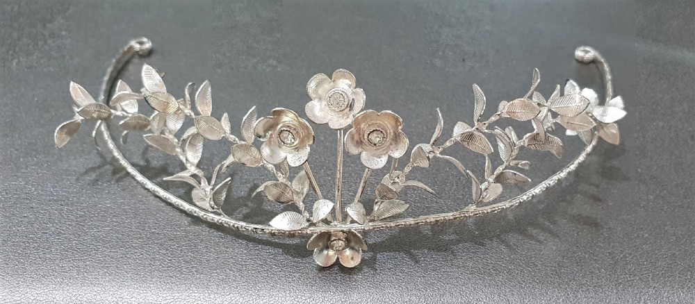 Edwardian Continental Silver Tiara & Groomsmen Pins Myrtle Bridal Set c.1910 View III