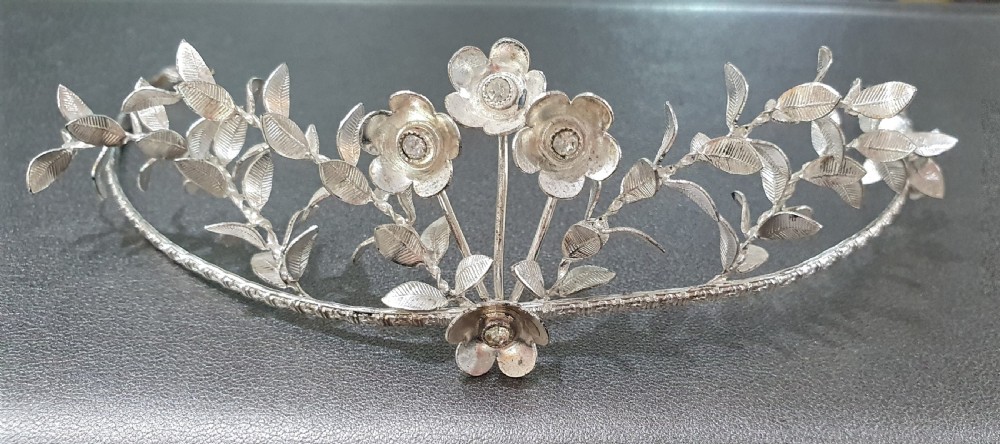 Edwardian Continental Silver Tiara & Groomsmen Pins Myrtle Bridal Set c.1910 View IV