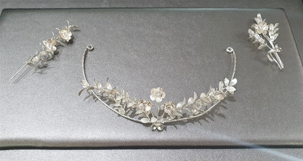 Edwardian Continental Silver Tiara & Groomsmen Pins Myrtle Bridal Set c.1910 View V