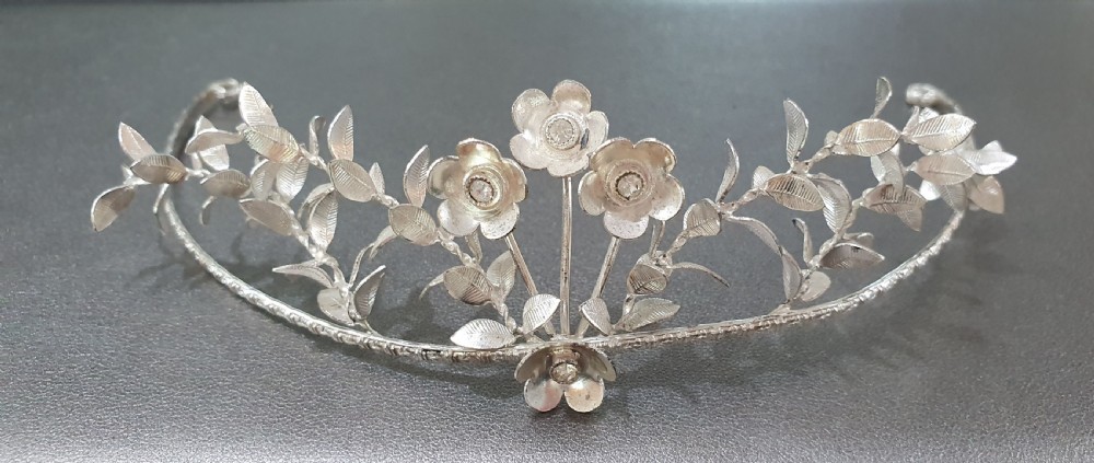 Edwardian Continental Silver Tiara & Groomsmen Pins Myrtle Bridal Set c.1910 View IX