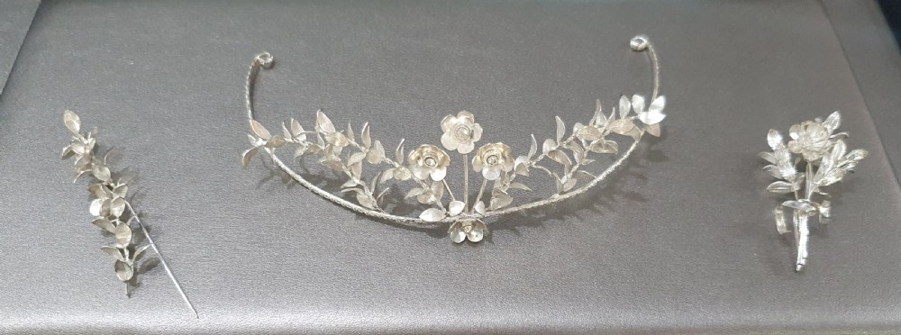 Edwardian Continental Silver Tiara & Groomsmen Pins Myrtle Bridal Set c.1910 View X