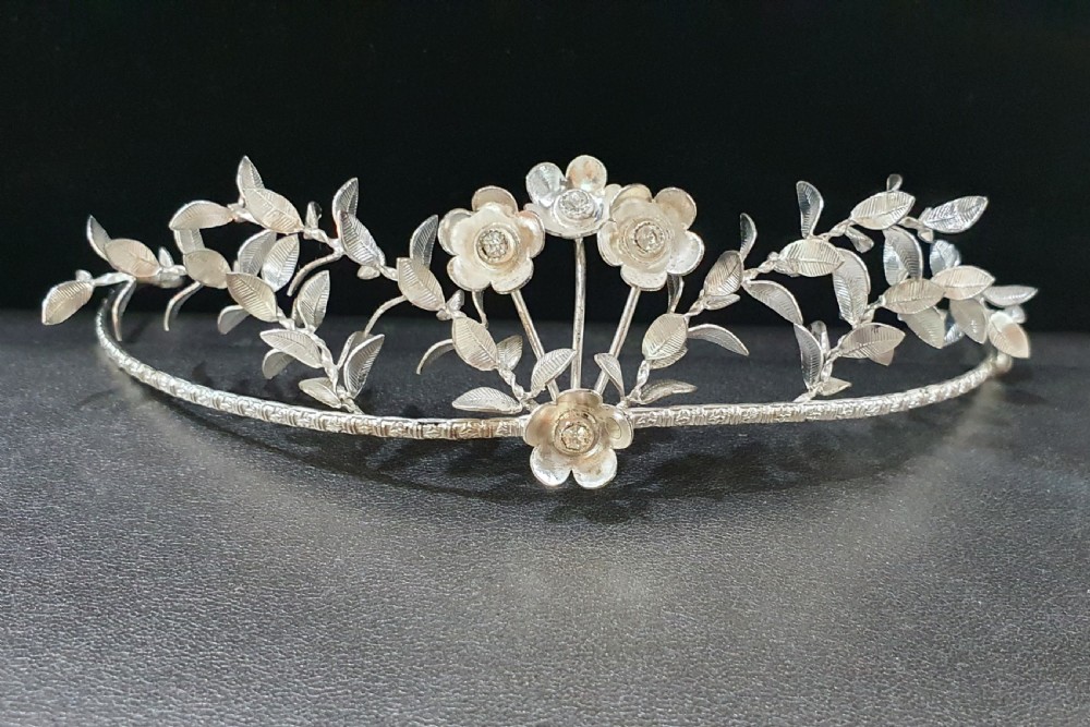 Edwardian Continental Silver Tiara & Groomsmen Pins Myrtle Bridal Set c.1910 View XII
