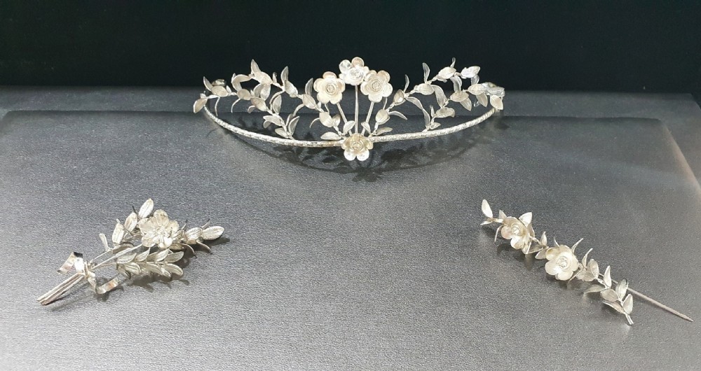 Edwardian Continental Silver Tiara & Groomsmen Pins Myrtle Bridal Set c.1910 View XIII