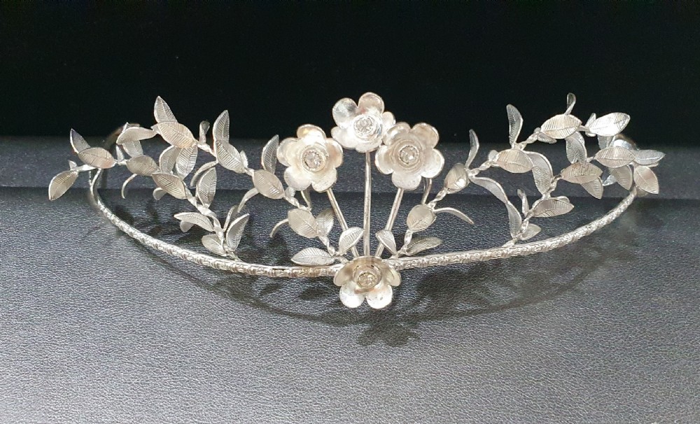 Edwardian Continental Silver Tiara & Groomsmen Pins Myrtle Bridal Set c.1910 View XIV