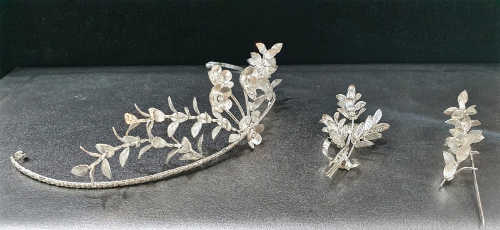 Edwardian Continental Silver Tiara & Groomsmen Pins Myrtle Bridal Set c.1910 View XVI