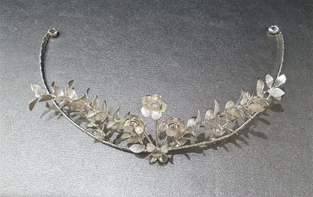 Edwardian Continental Silver Tiara & Groomsmen Pins Myrtle Bridal Set c.1910 View XVII
