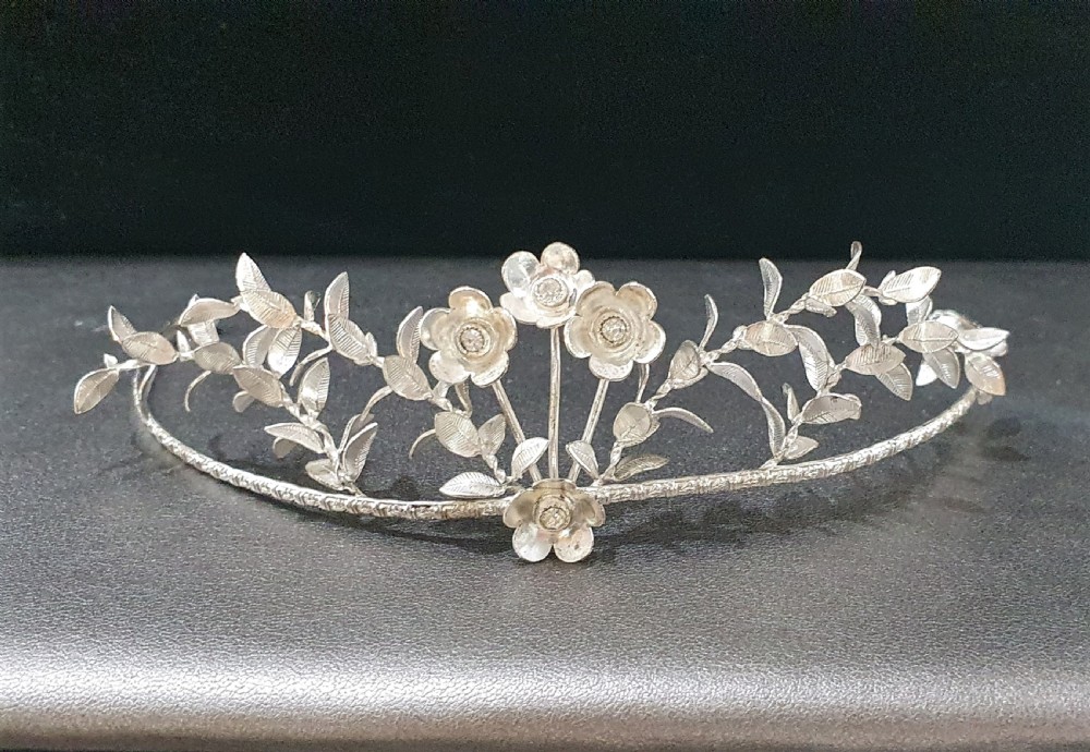 Edwardian Continental Silver Tiara & Groomsmen Pins Myrtle Bridal Set c.1910 View XVIII