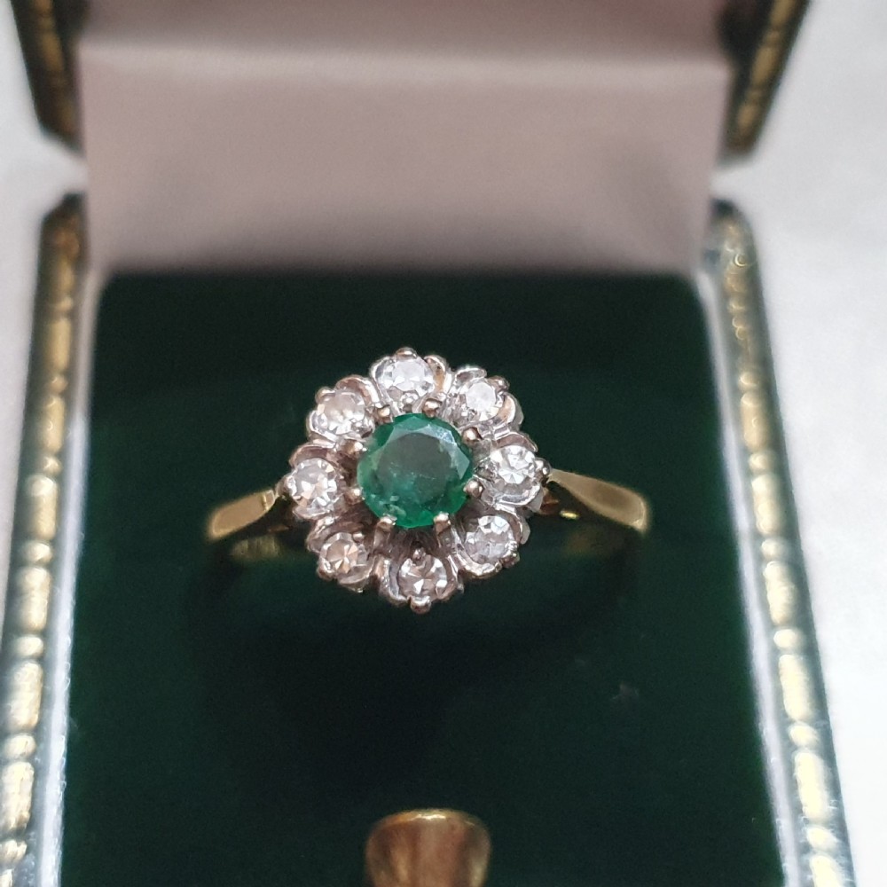 Art  Deco Emerald & Diamond 18ct Gold Flower Halo Ring - Size M View IX