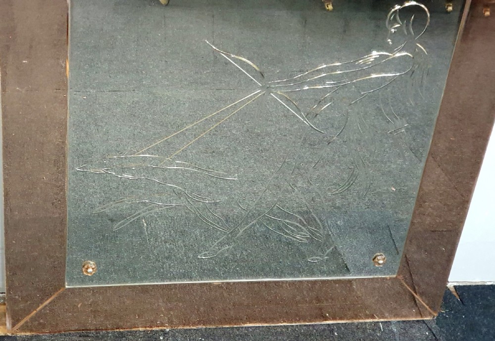 Rare Art Deco Lady with Borzoi Etched Large Mirror with Pink Peach Frame View IV