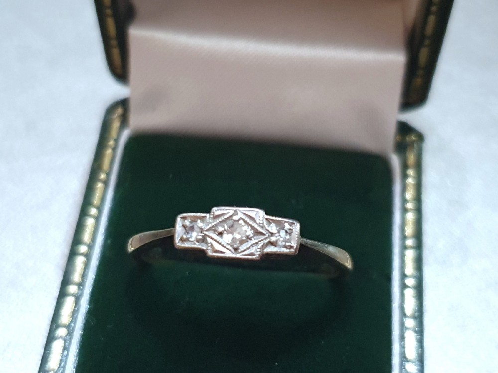 Art Deco Palladium Set Diamonds Geometric Design on 9ct Gold Ring- Size R View VI