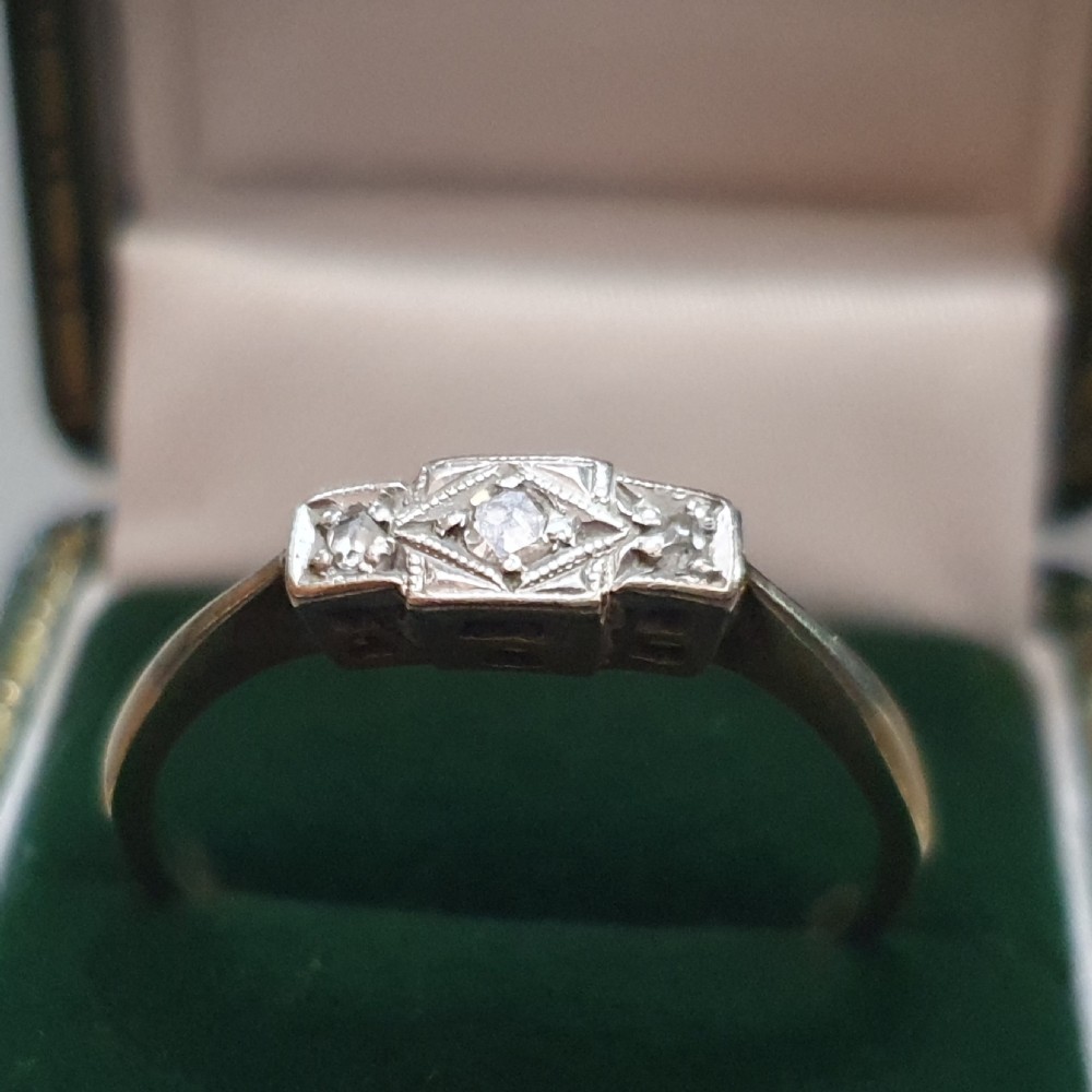 Art Deco Palladium Set Diamonds Geometric Design on 9ct Gold Ring- Size R View VII