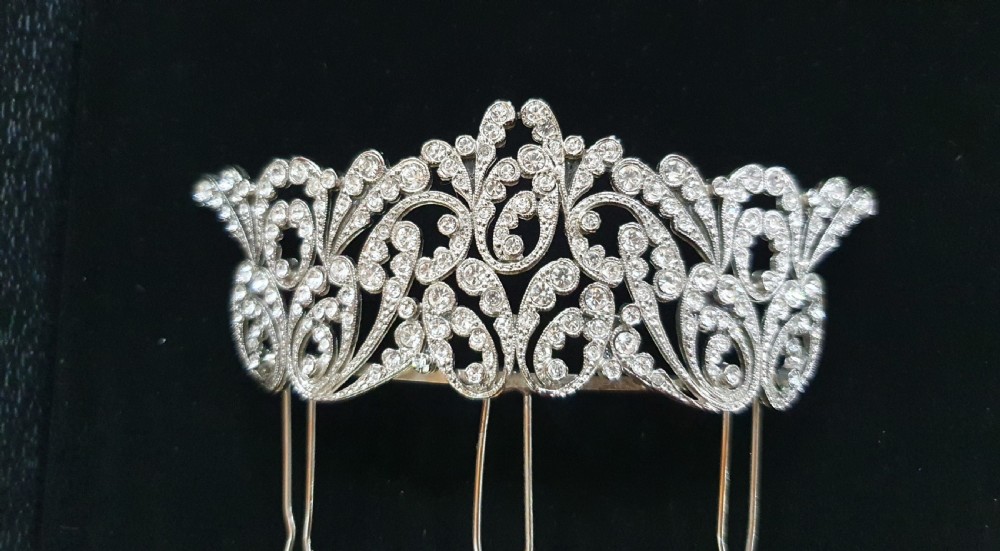 French Art Deco Crystal Tiara Hair Comb c.1930s Belle Epoque Rhodium Plated Original Mint Condition Bridal Piece View III