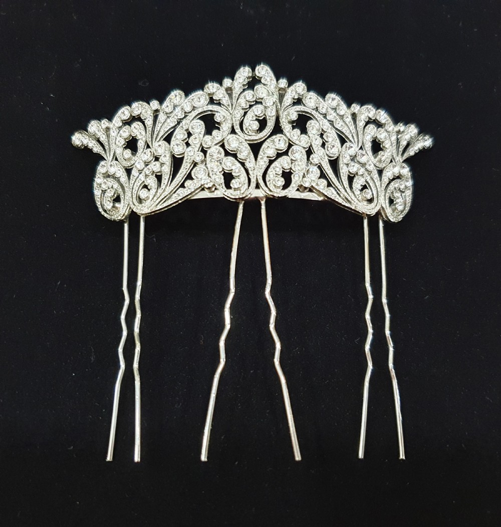 French Art Deco Crystal Tiara Hair Comb c.1930s Belle Epoque Rhodium Plated Original Mint Condition Bridal Piece View VI