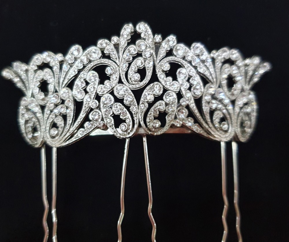 French Art Deco Crystal Tiara Hair Comb c.1930s Belle Epoque Rhodium Plated Original Mint Condition Bridal Piece View VII